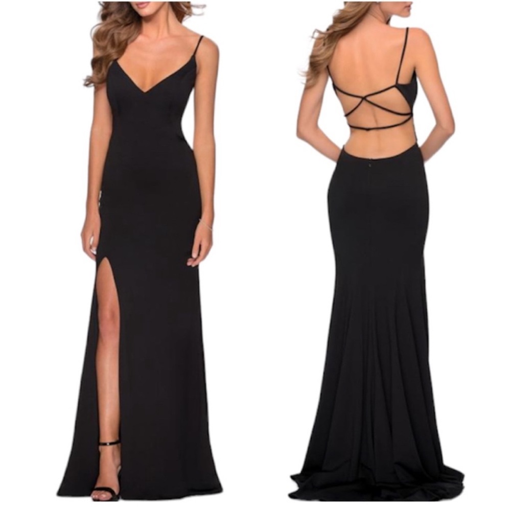 LA FEMME Black Strappy Back High Slit Front Dress NEW Size 2 Gown